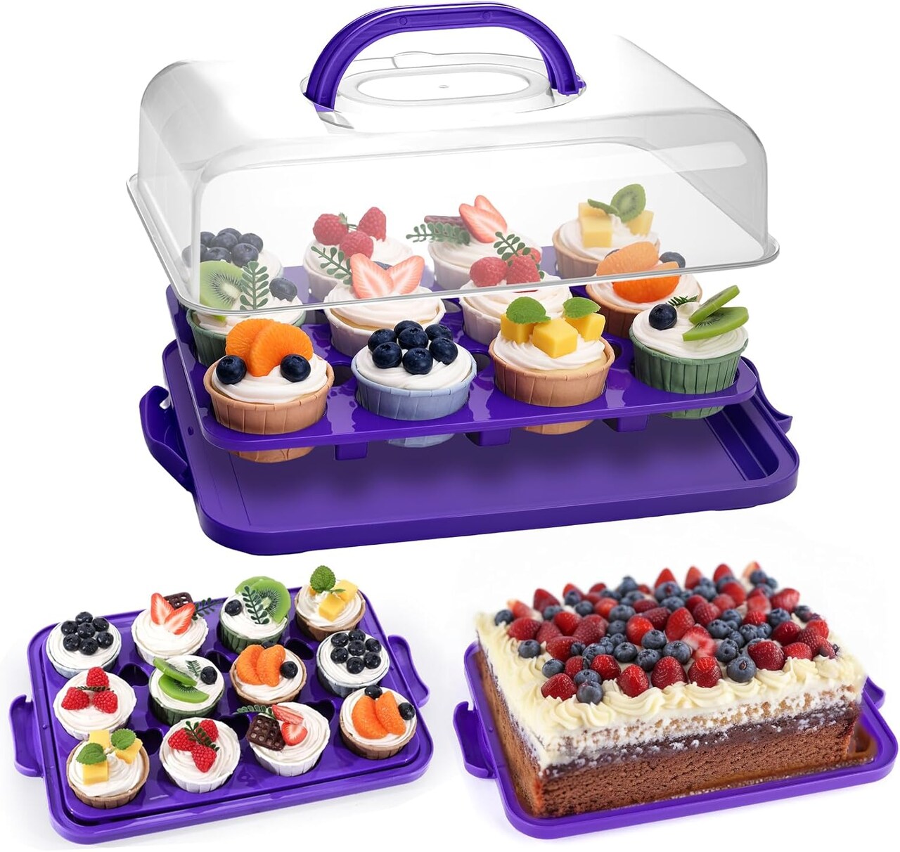 Cupcake and Cake Container with Lid, 12 Capacity Cup Cake Portable Carrier Dessert Holder with Handle for Family Picnics and Party Events, 2-in-1 Design, Purple